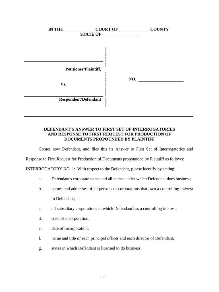 Defendant's Answers to Plaintiff's First Set of Interrogatories and Requests for Production of Documents  Form