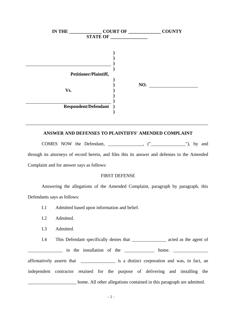 Answer and Defenses to Amended Complaint  Form