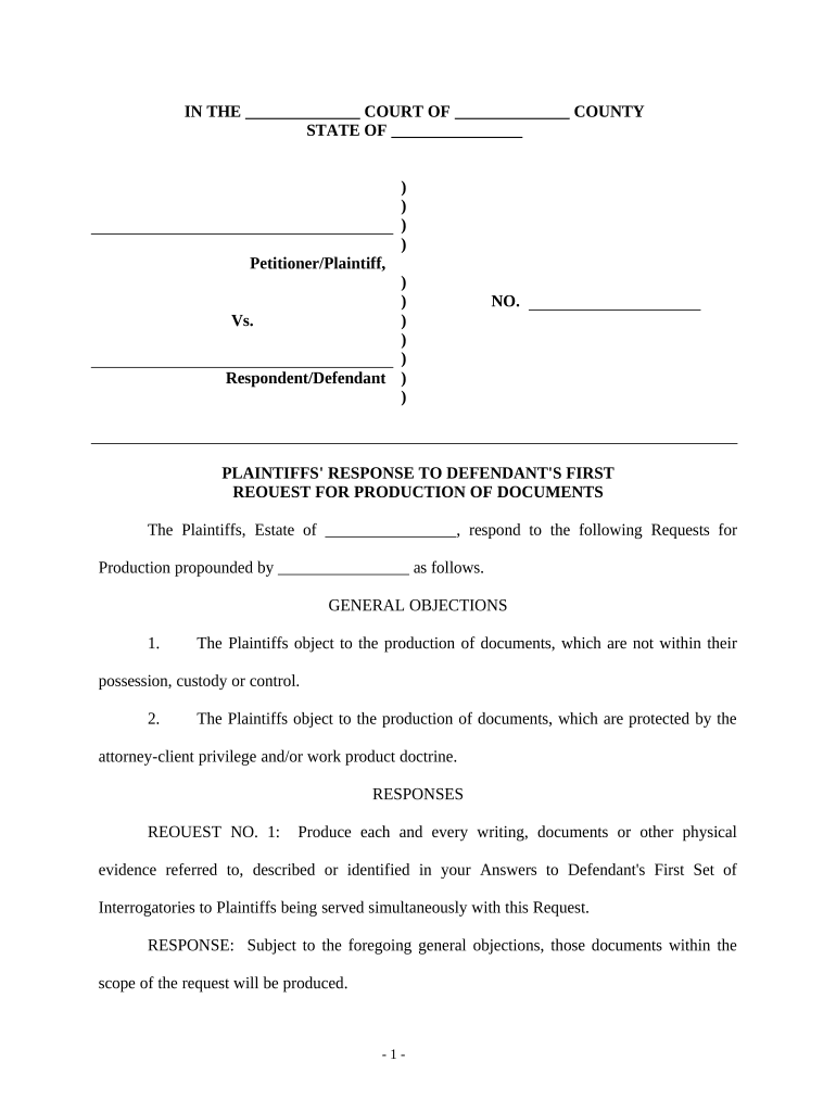 Plaintiff's Response to Defendant's First Request for Production of Documents Personal Injury  Form