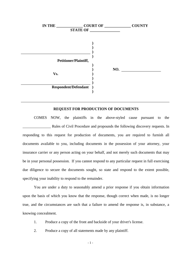 Request for Production of Documents Personal Injury  Form