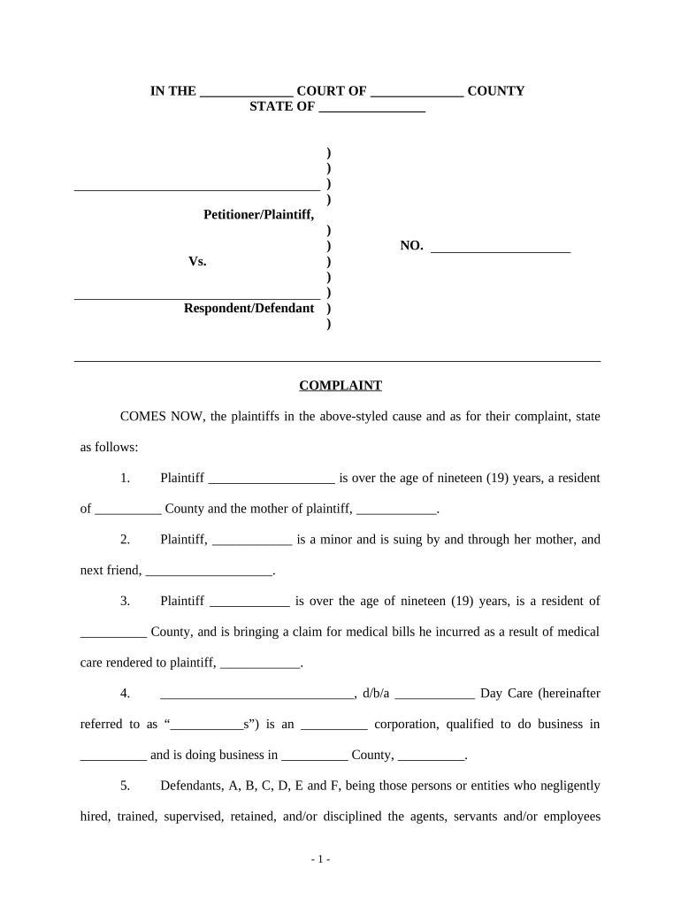 Complaint Regarding Injury to Child at Day Care  Form