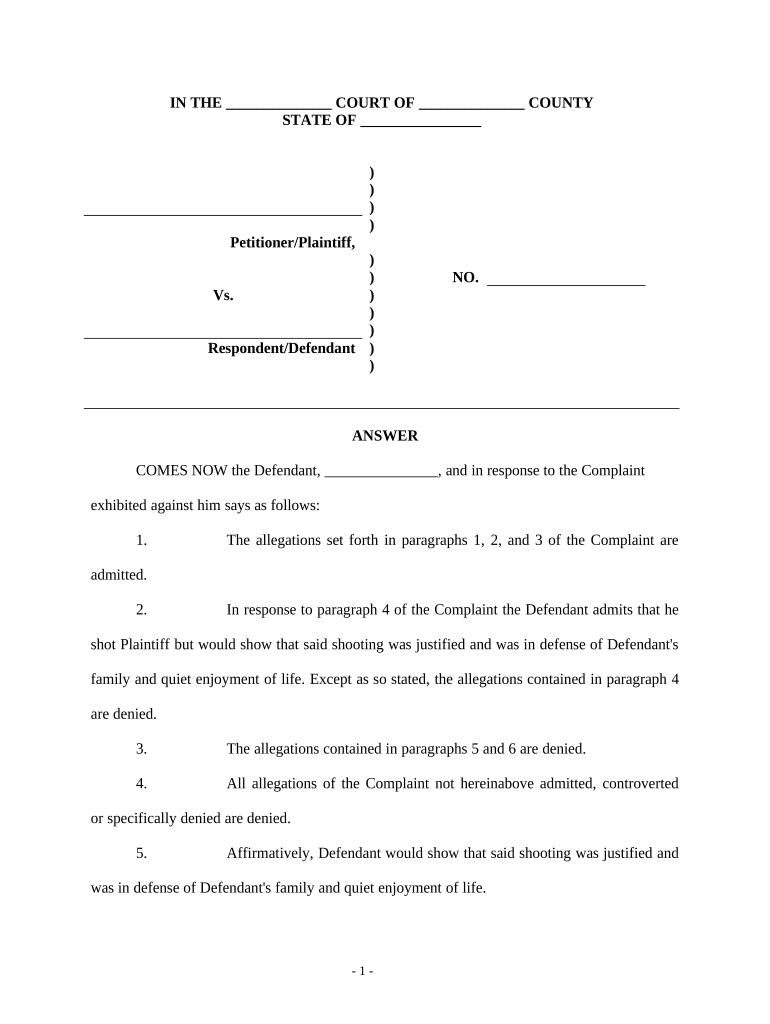 Answer Personal Injury  Form