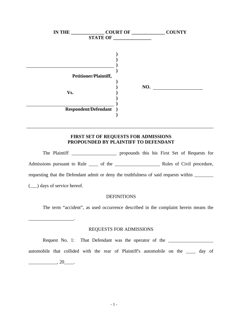 First Set of Requests for Admissions Propounded by Plaintiff to Defendant  Form