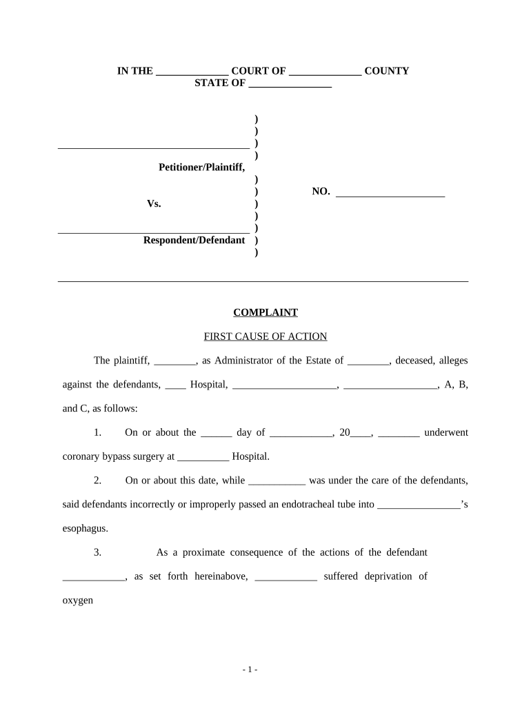 Complaint for Personal Injury and Wrongful Death for Improper Medical Treatment  Form