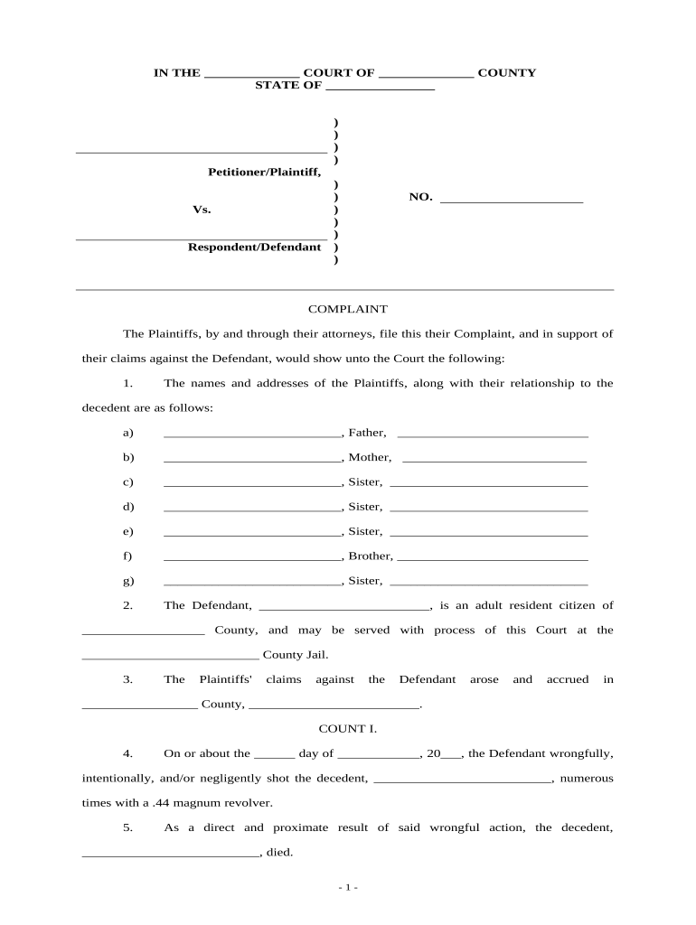 Complaint for Personal Injury and Wrongful Death Due to Shooting Violence  Form