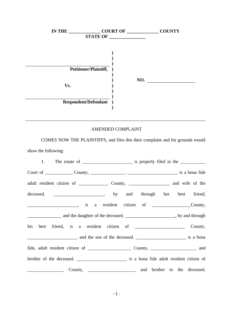 Complaint for Personal Injury Wrongful Death and Survival  Form