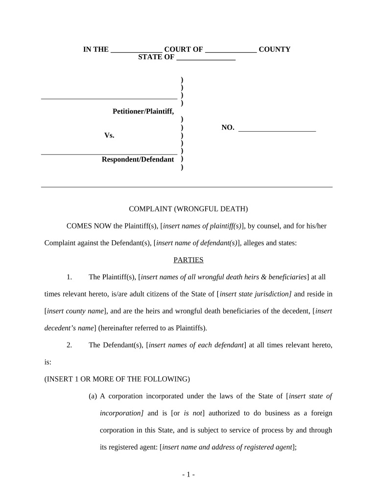 Complaint Regarding Wrongful Death  Form