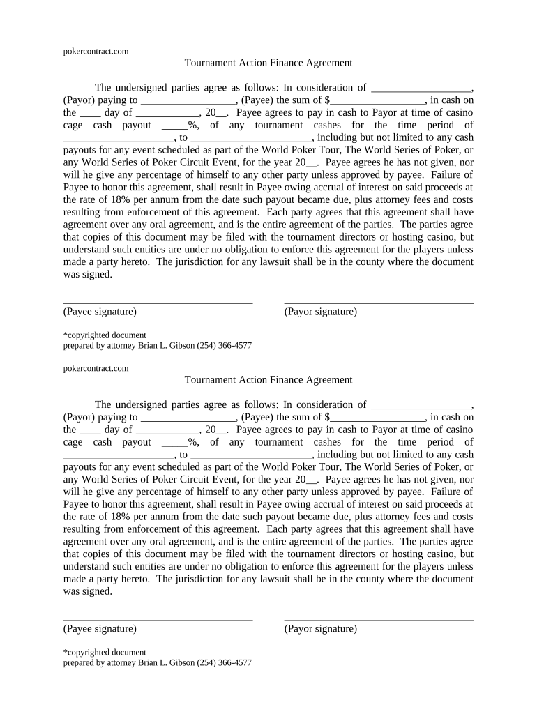 Tournament Action Finance Agreement  Form