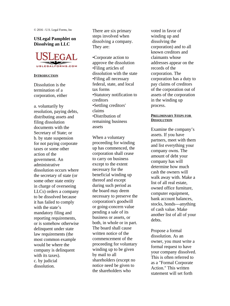 USLegal Pamphlet on Dissolving an LLC  Form