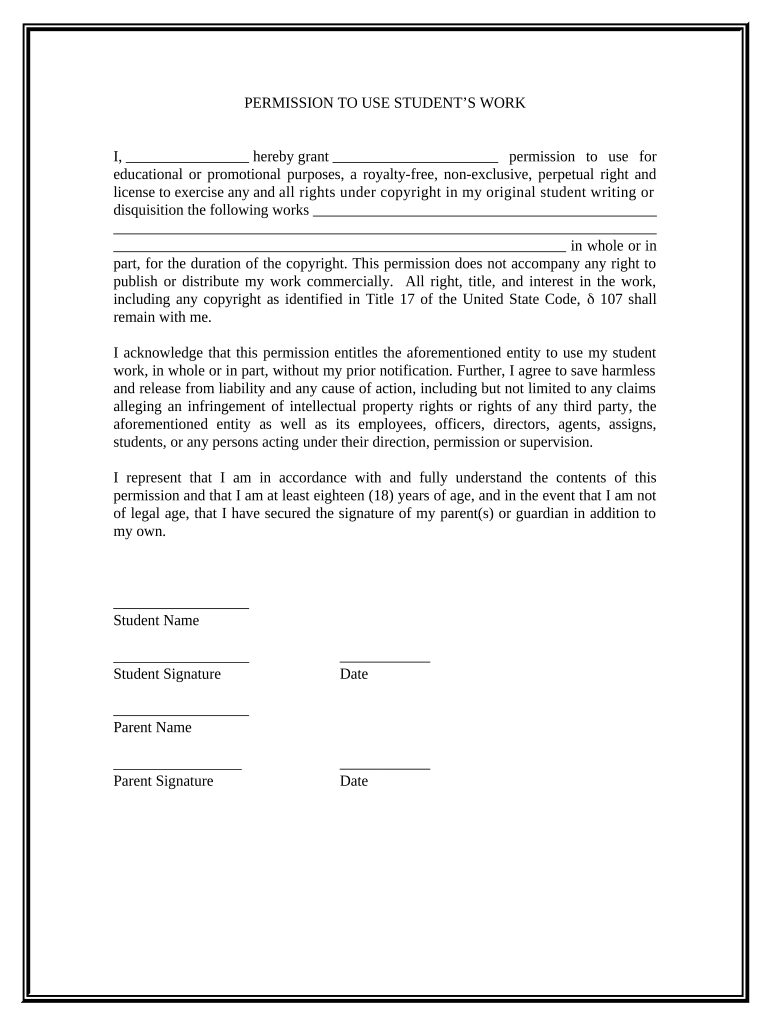 Permission to Use Student's Work  Form