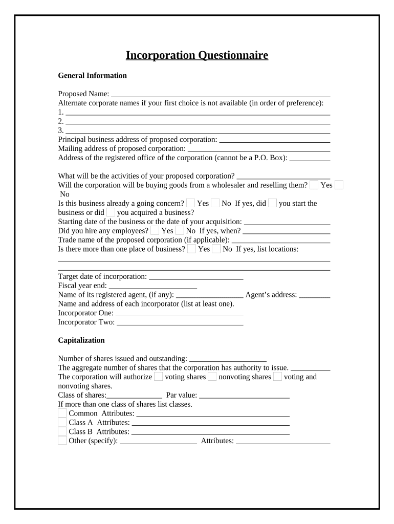 Incorporation Questionnaire  Form