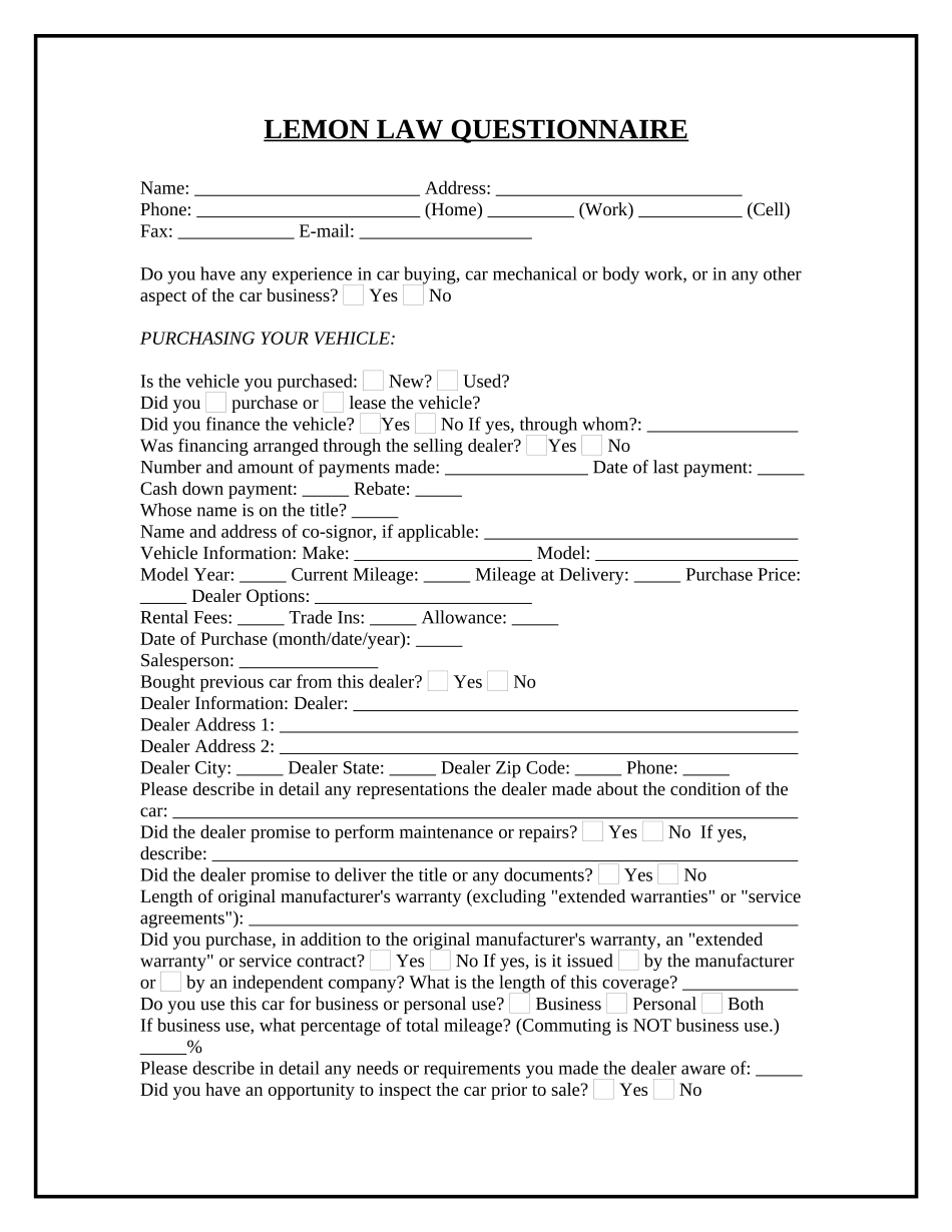 Lemon Law  Form