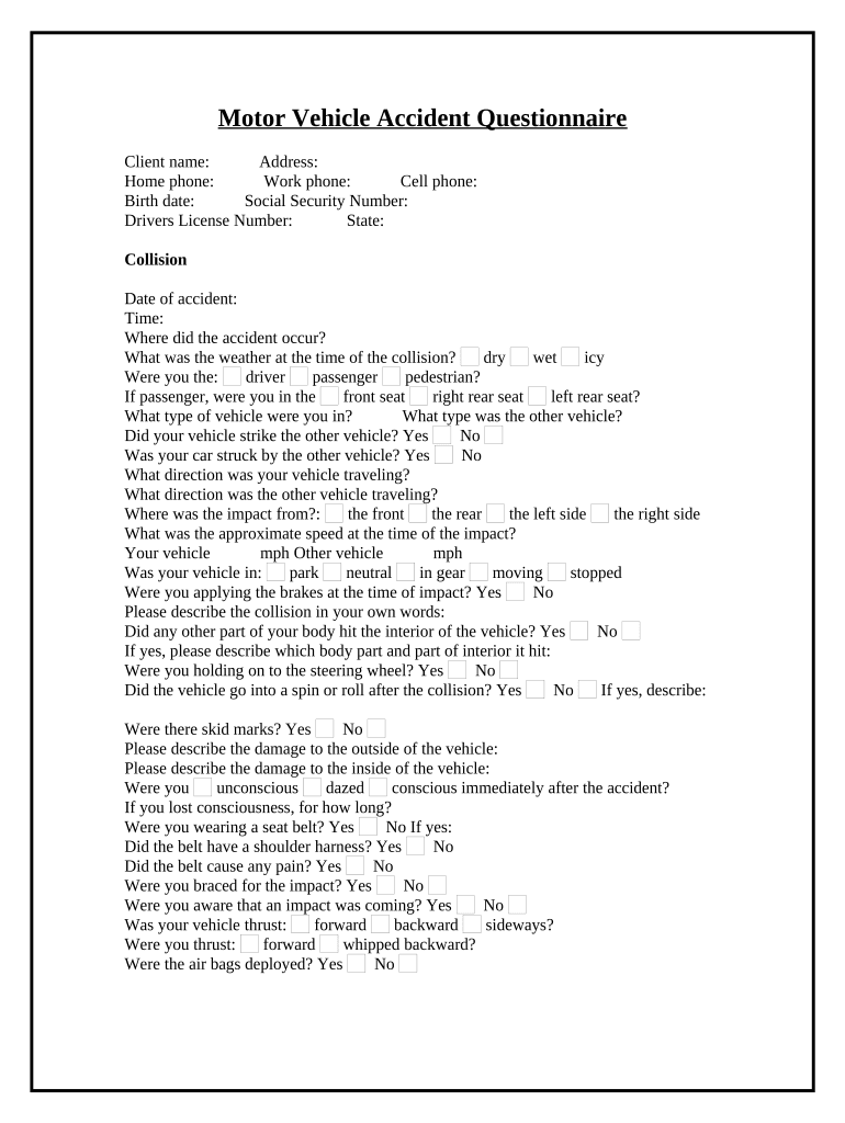 Motor Vehicle Accident Questionnaire  Form