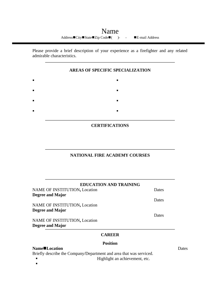 Resume for Firefighter  Form