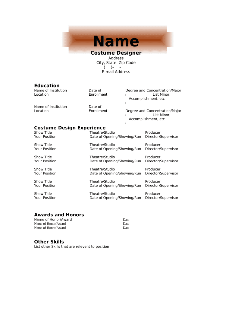 Resume for Theatrical Costume Designer  Form