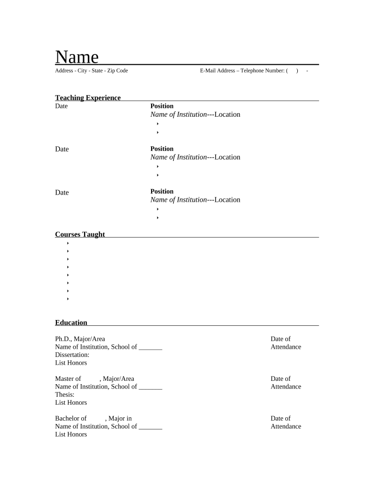 Resume for Professor of a Department  Form