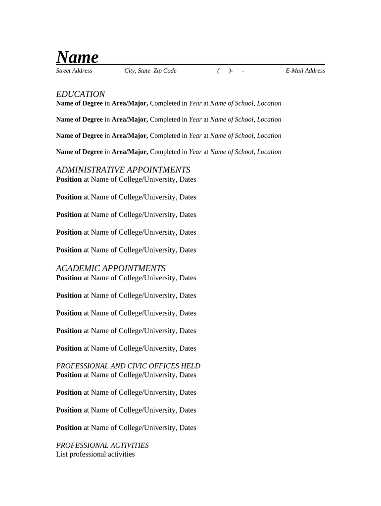 Resume for President of a University  Form