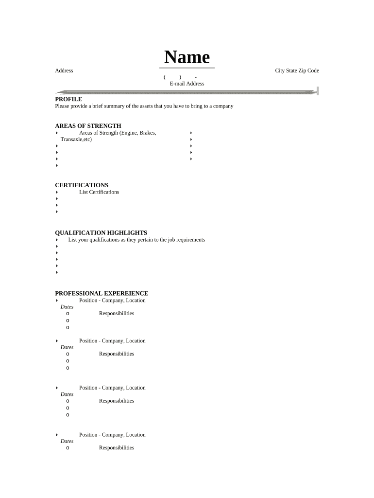 Resume for Automotive Mechanic  Form