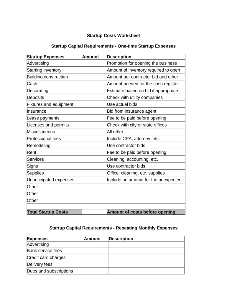 Startup Costs  Form