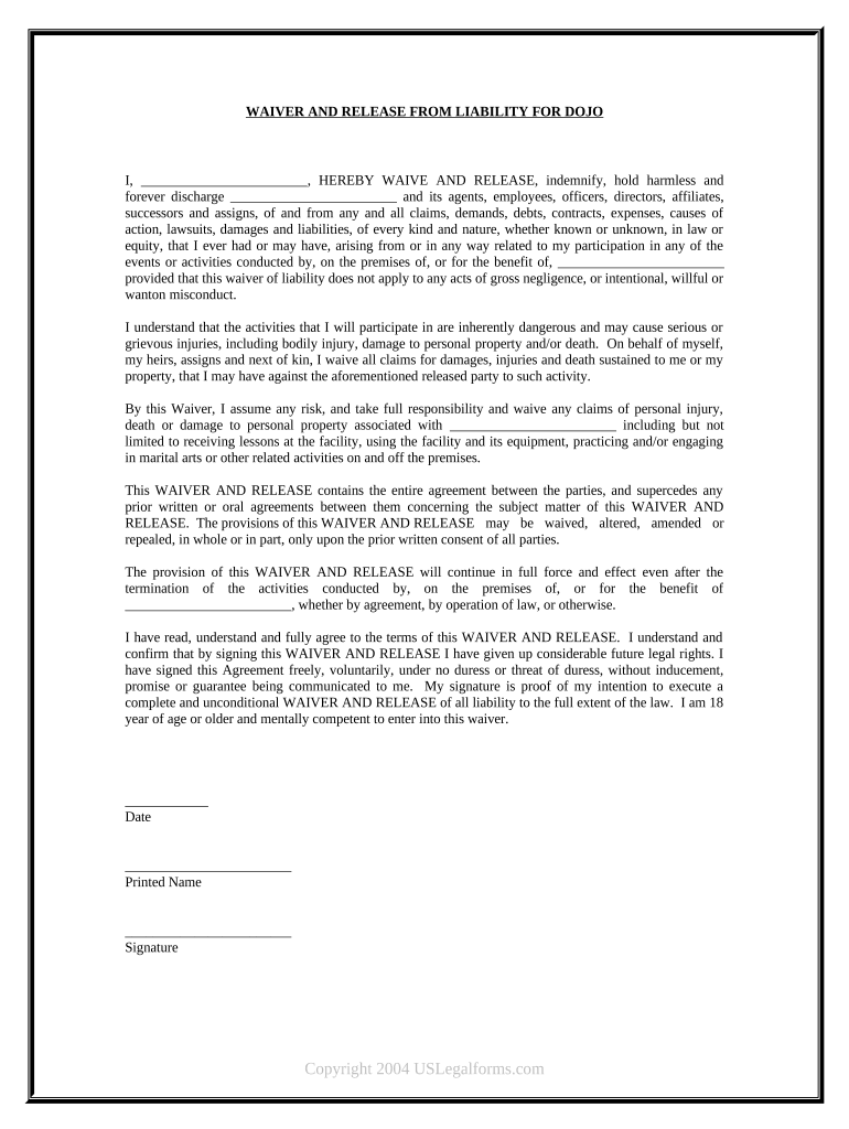 Waiver and Release from Liability for Adult for Dojo  Form