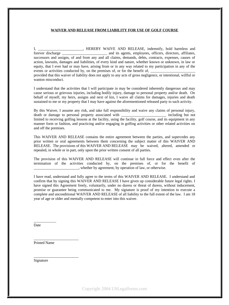 Waiver and Release from Liability for Adult for Golf Course  Form