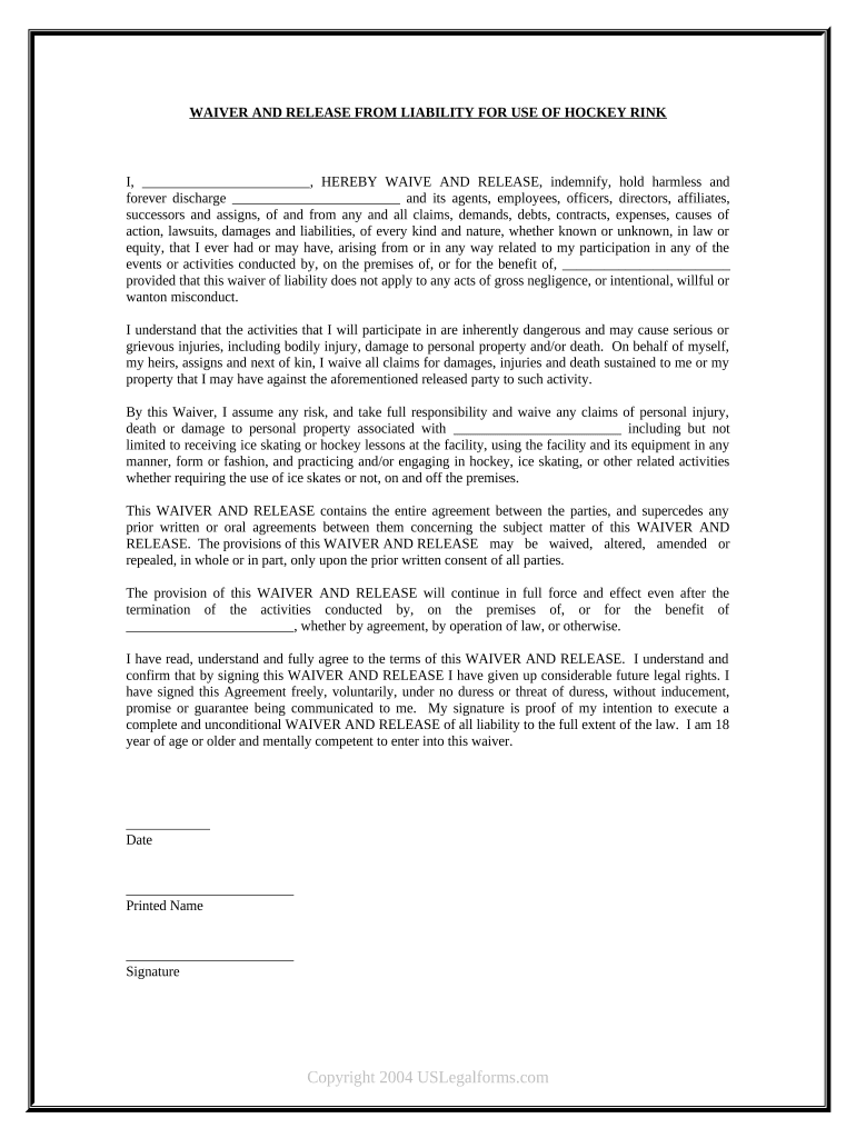 Waiver and Release from Liability for Adult for Hockey Rink  Form