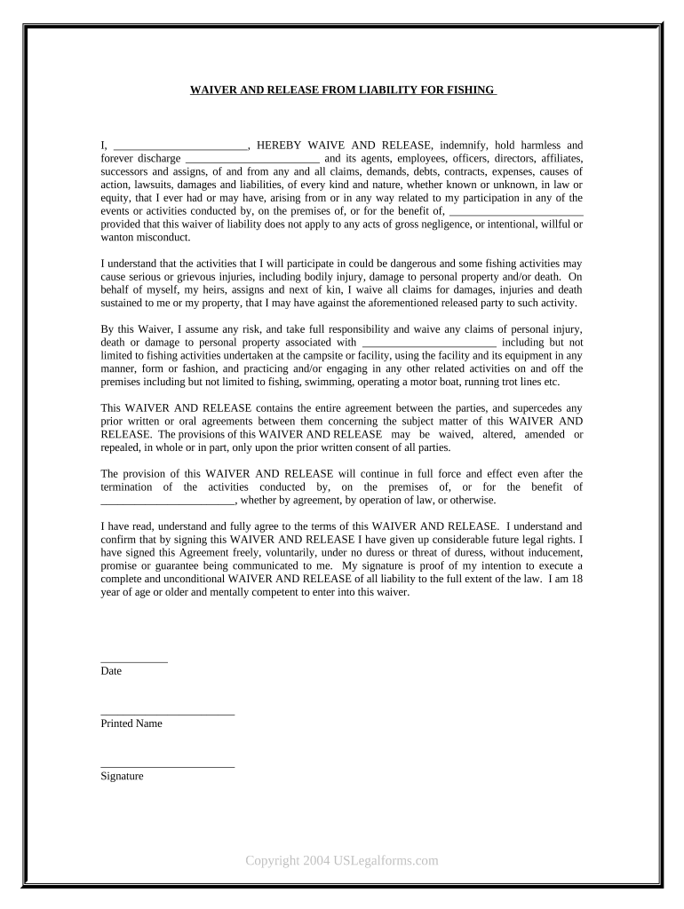 Waiver and Release from Liability for Adult for Fishing  Form