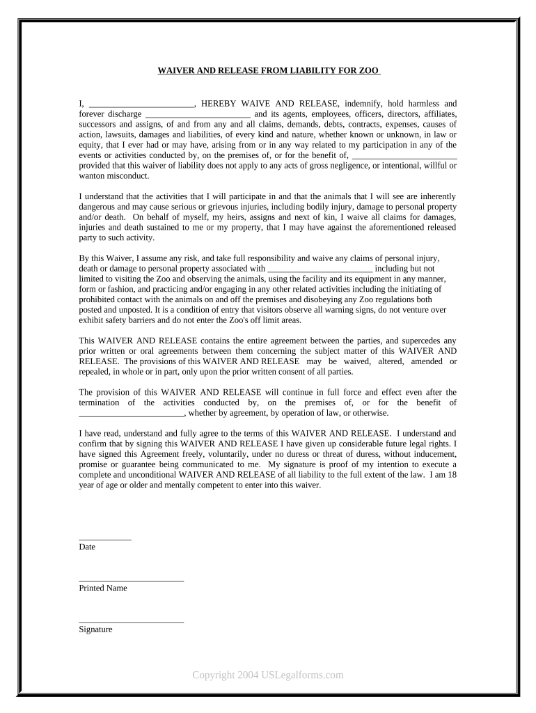 Waiver and Release from Liability for Adult for Zoo  Form