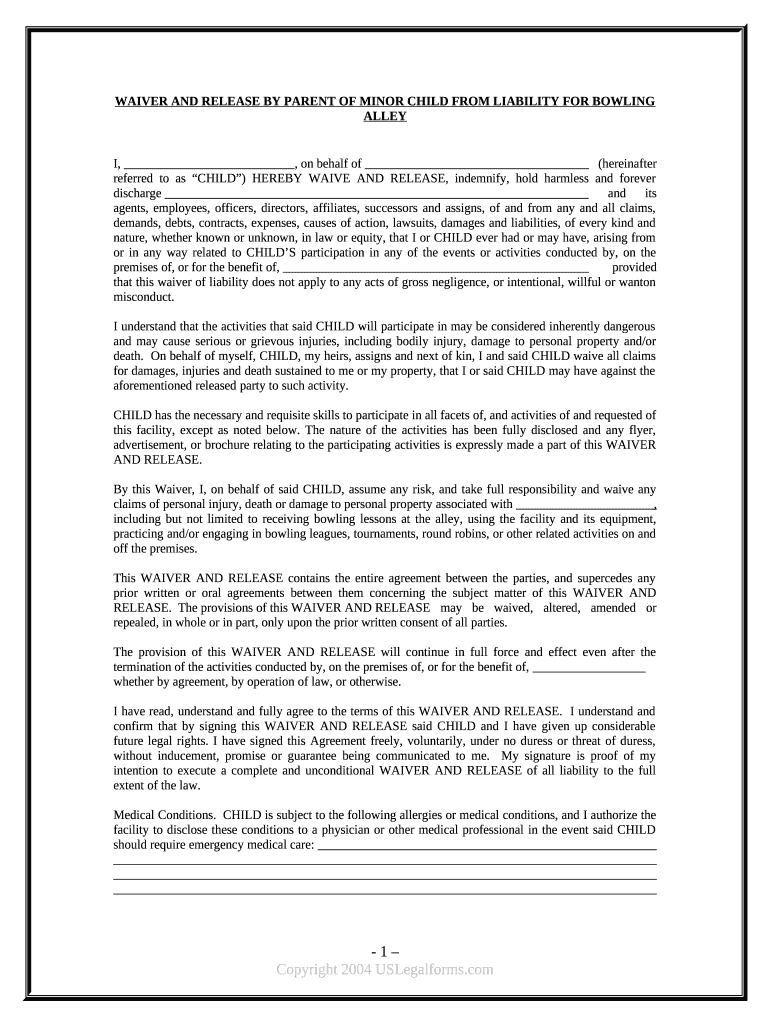 Waiver and Release from Liability for Minor Child for Bowling Alley  Form