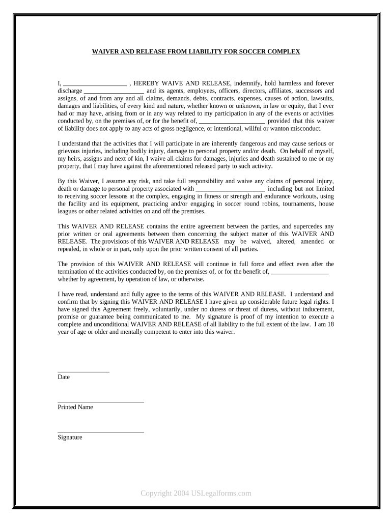 Waiver and Release from Liability for Adult for Soccer Complex  Form