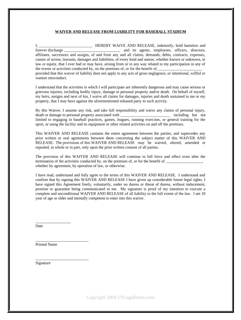 Waiver and Release from Liability for Adult for Baseball Stadium  Form