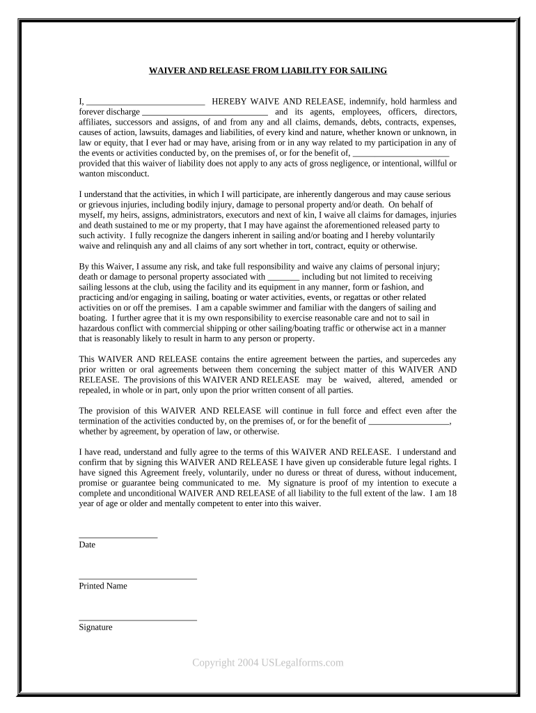 Waiver Release Liability Agreement  Form