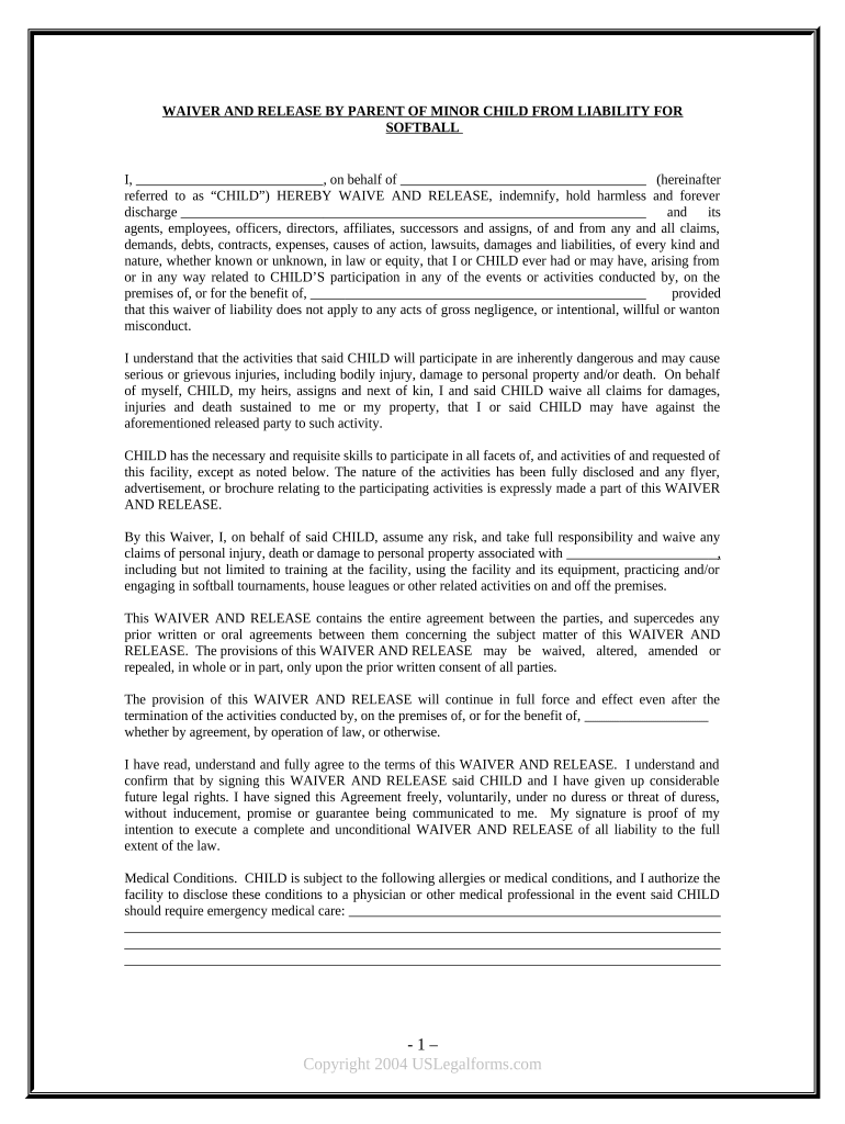 Waiver and Release from Liability for Minor Child for Softball Field  Form