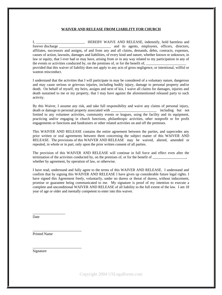 Waiver Liability Church Form