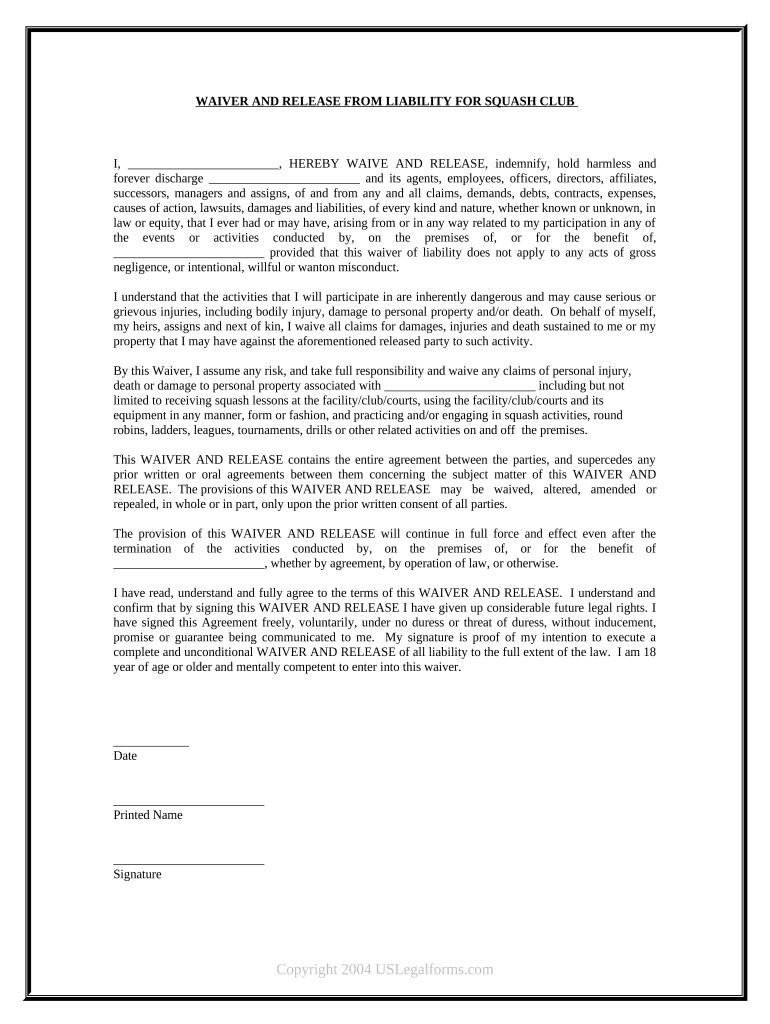 Waiver and Release from Liability for Adult for Squash Club  Form