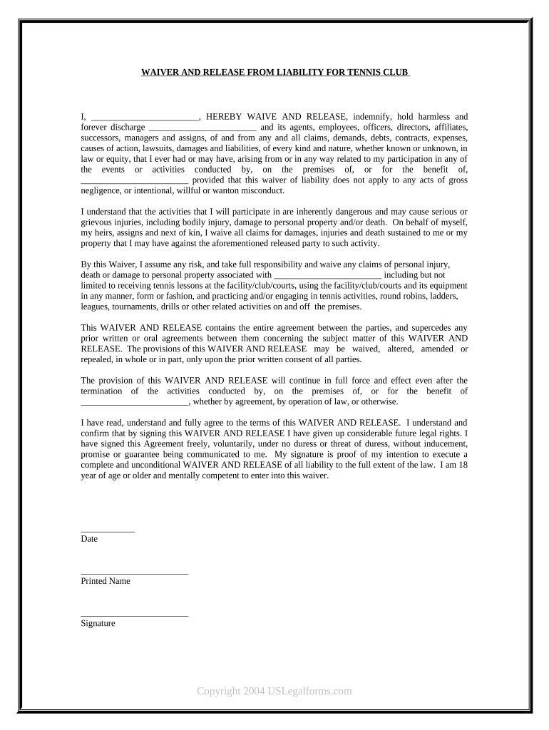 Waiver and Release from Liability for Adult for Tennis Club  Form