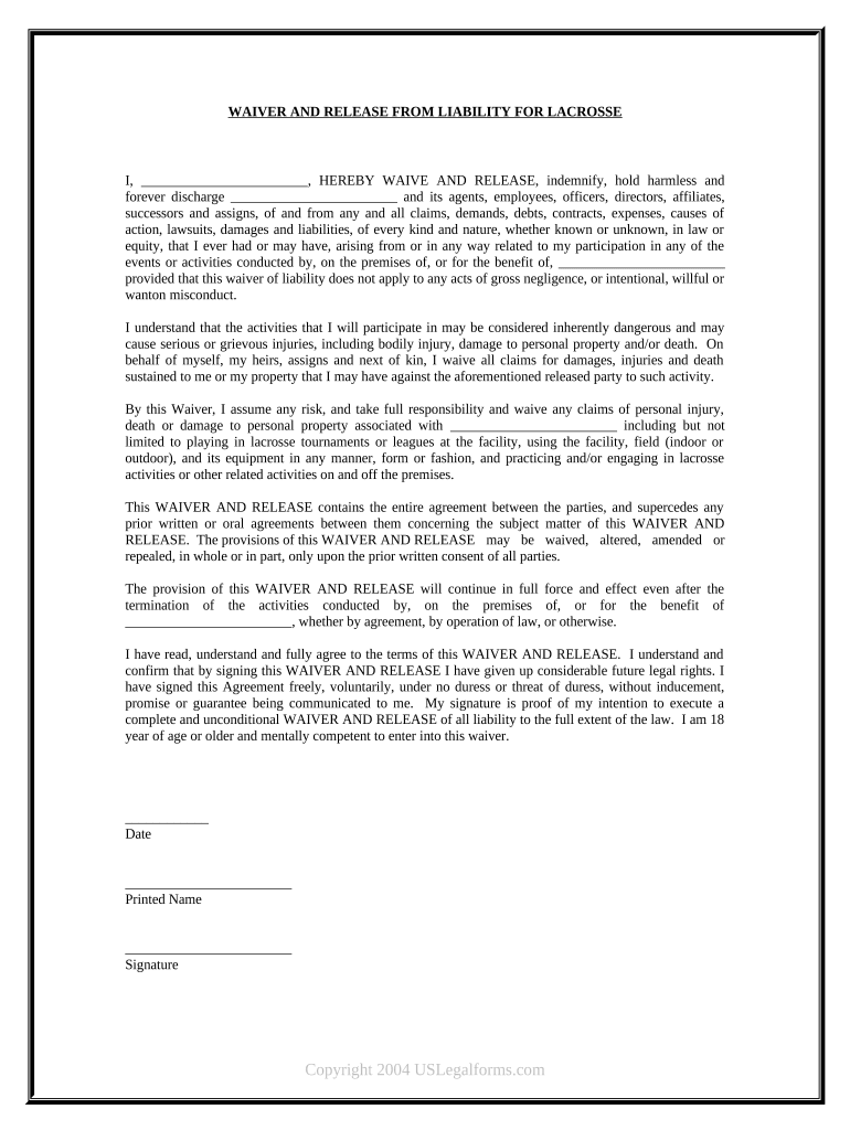 Waiver and Release from Liability for Adult for Lacrosse  Form