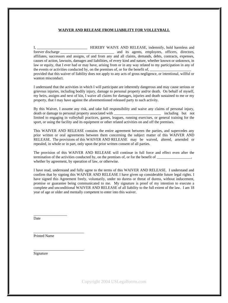 Waiver and Release from Liability for Adult for Volleyball  Form