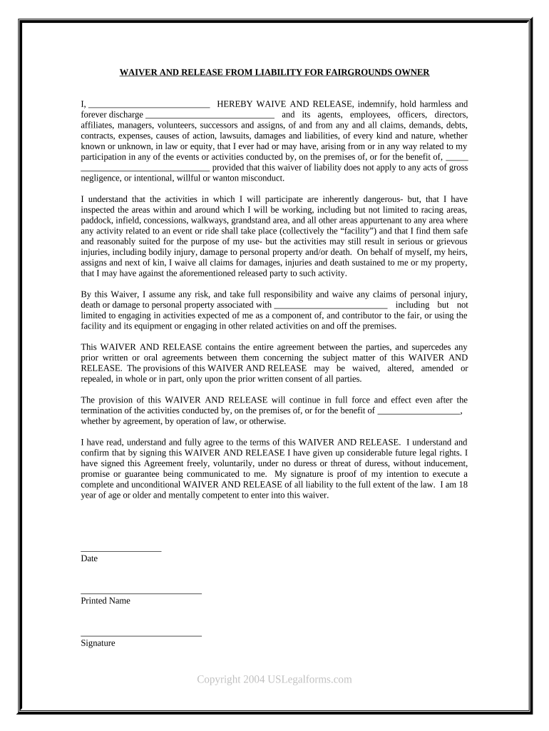 Waiver and Release from Liability for Adult for Fairgrounds Owner  Form
