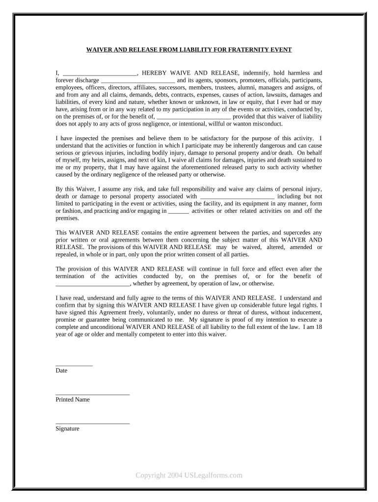 Waiver and Release from Liability for Adult for Fraternity Event  Form