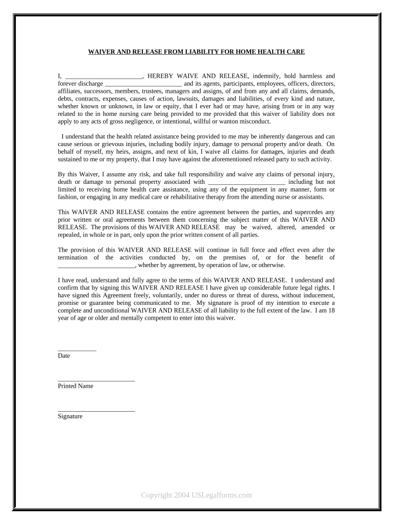 Waiver and Release from Liability for Adult for Healthcare  Form