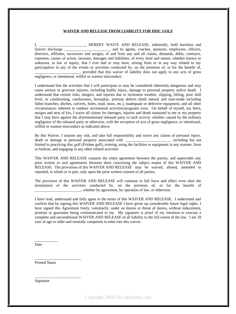 Waiver and Release from Liability for Adult for Disc Golf  Form
