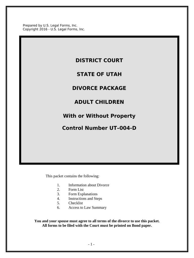 No Fault Uncontested Agreed Divorce Package for Dissolution of Marriage with Adult Children and with or Without Property and Deb  Form