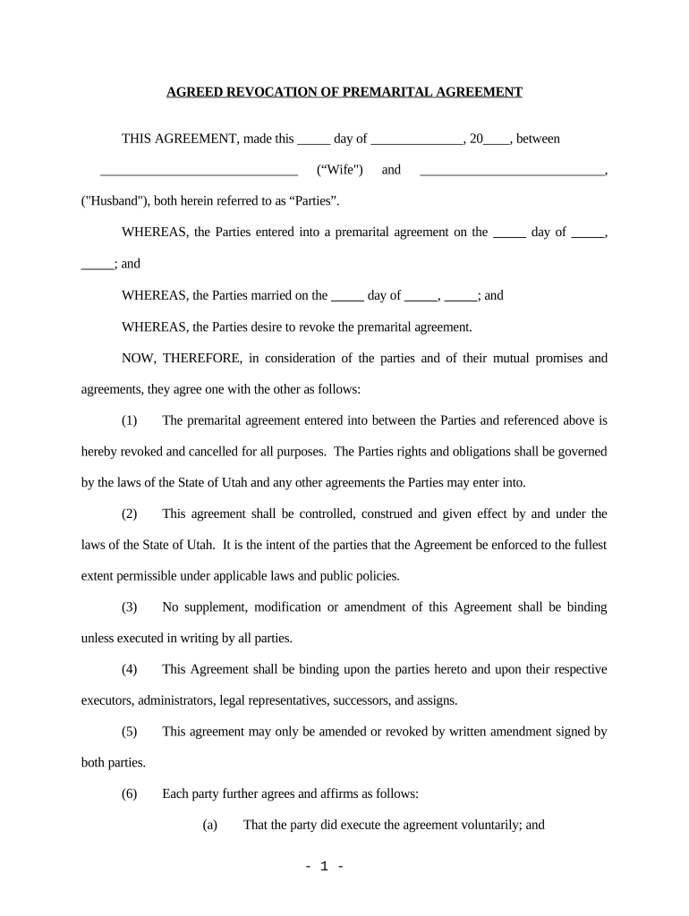 Revocation of Premarital or Prenuptial Agreement Utah  Form