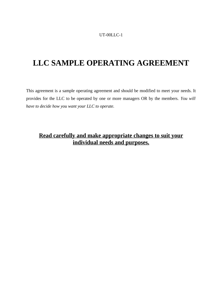 Fill and Sign the Limited Liability Company Llc Operating Agreement Utah Form