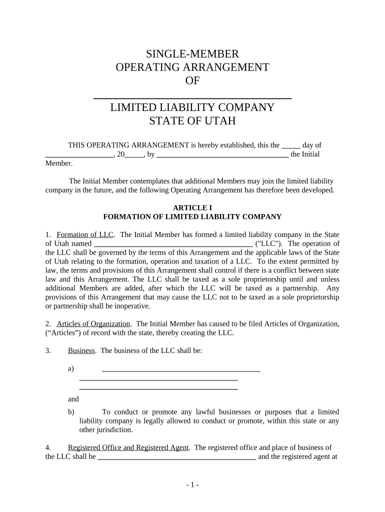Single Member Limited Liability Company LLC Operating Agreement Utah  Form