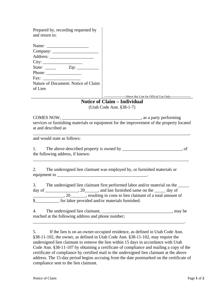 Nature of Document Notice of Claim of Lien  Form