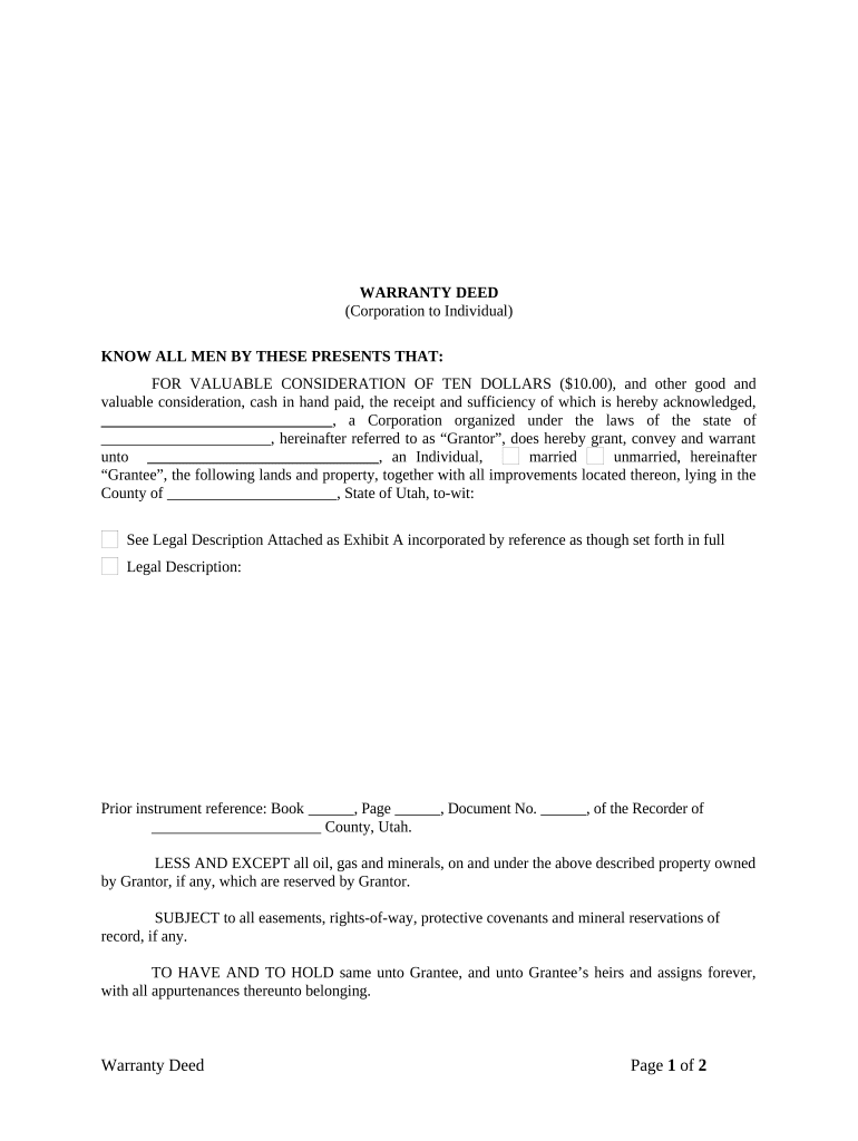 Utah Warranty Deed  Form