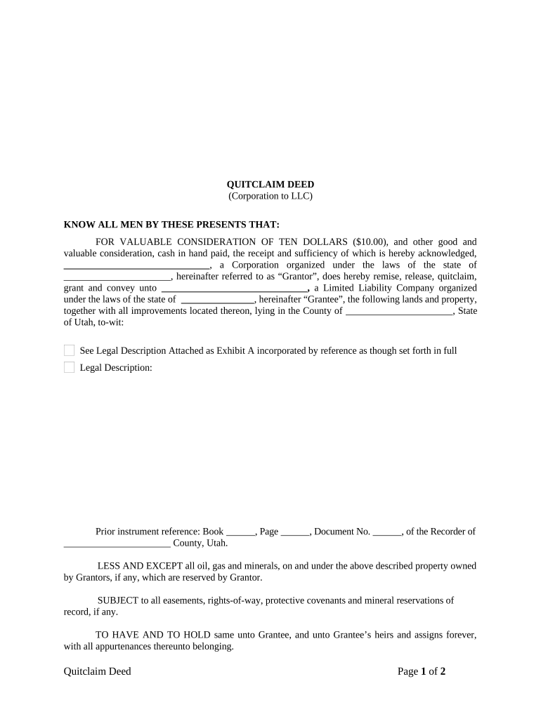 Quitclaim Deed from Corporation to LLC Utah  Form