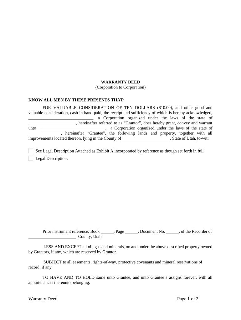 Warranty Deed from Corporation to Corporation Utah  Form